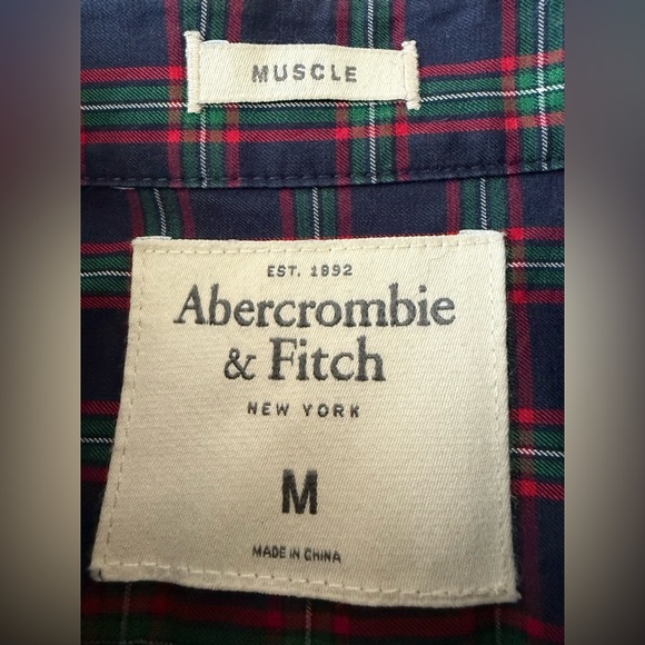 Abercrombie & Fitch Cotton Muscle Button Down Collared Shirt Tartan Plaid Navy M - Picture 2 of 9